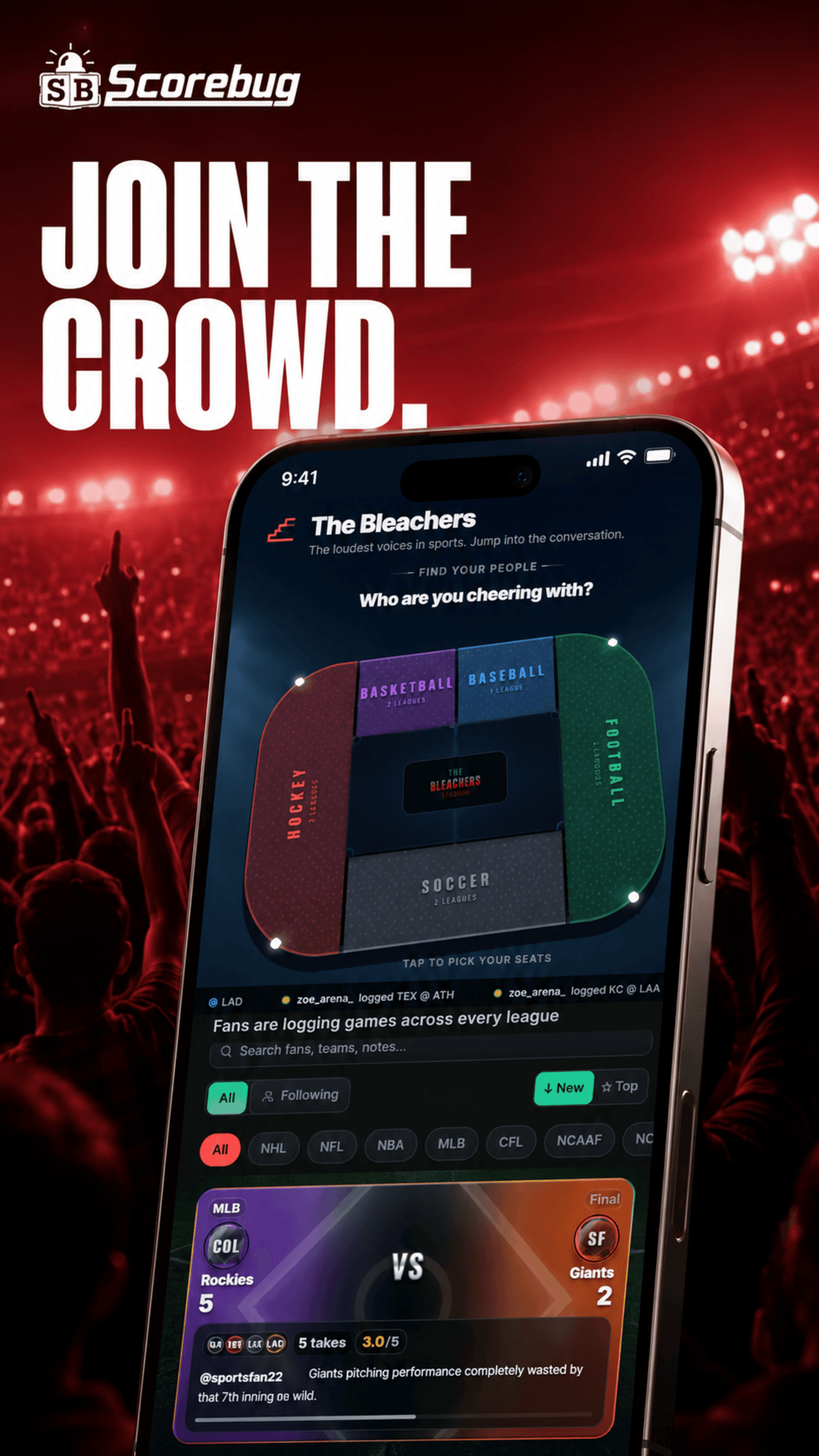The Bleachers: a stadium seat-picker for choosing sport sections, above community takes on a finished game.