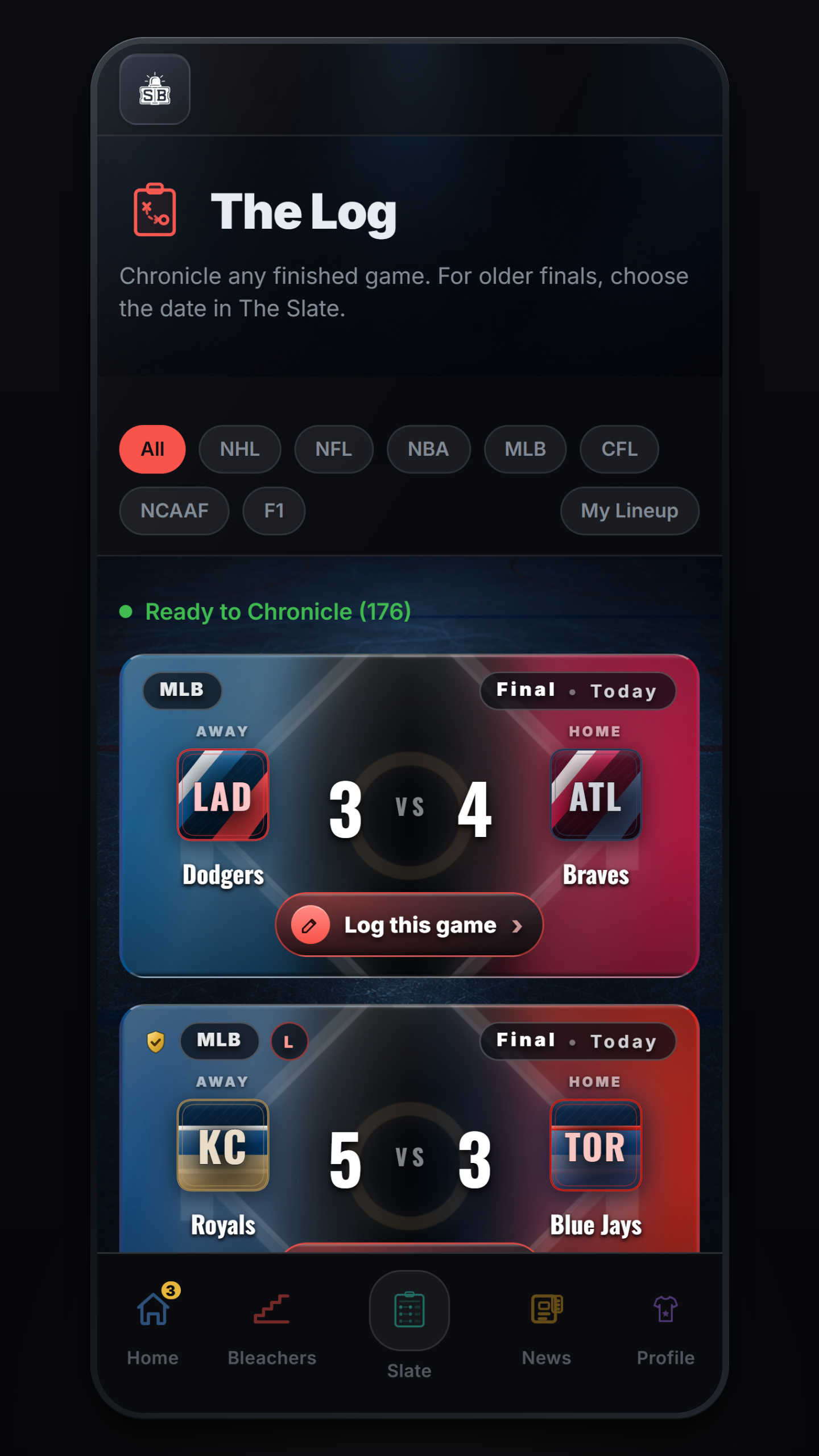 The Log in Scorebug: finished games ready to chronicle, each with its final score and a Log this game button.