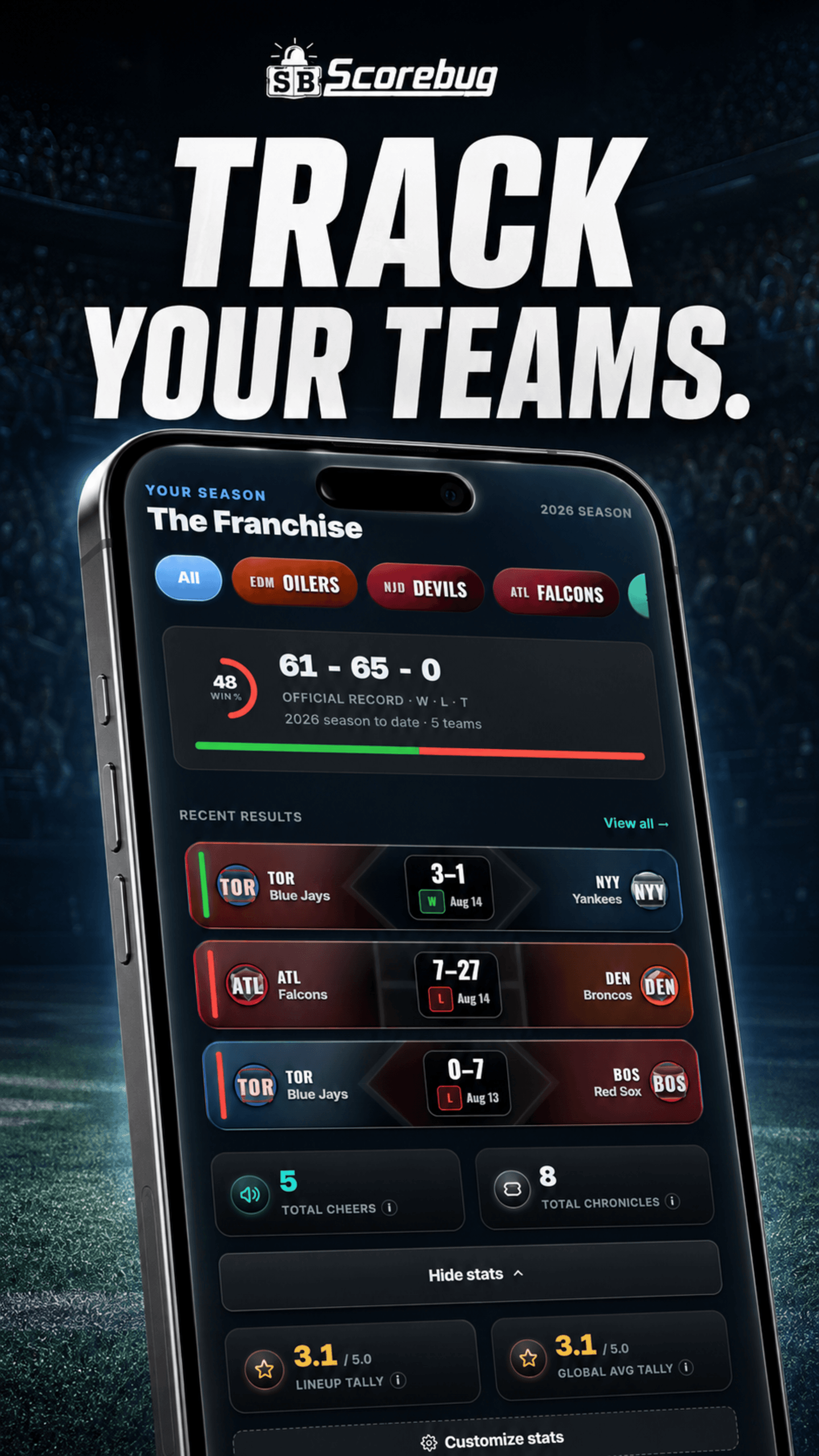 The Franchise: your teams' combined win-loss-tie record for the season, with recent results beneath.