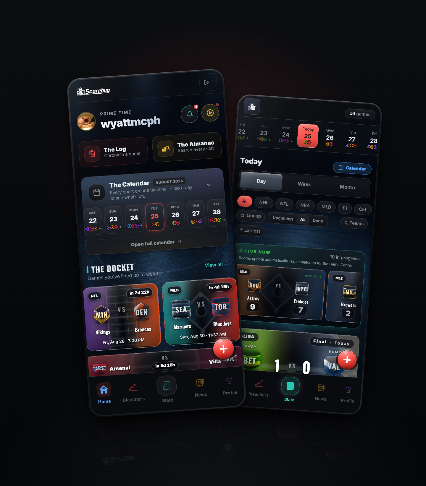 Two phones running Scorebug: Home with The Docket of upcoming games, and The Slate showing live scores across the leagues.